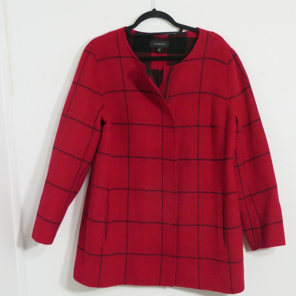 Talbots Women Coat 12 Red Buffalo Plaid Wool Blend Collarless Preppy Classic Mod